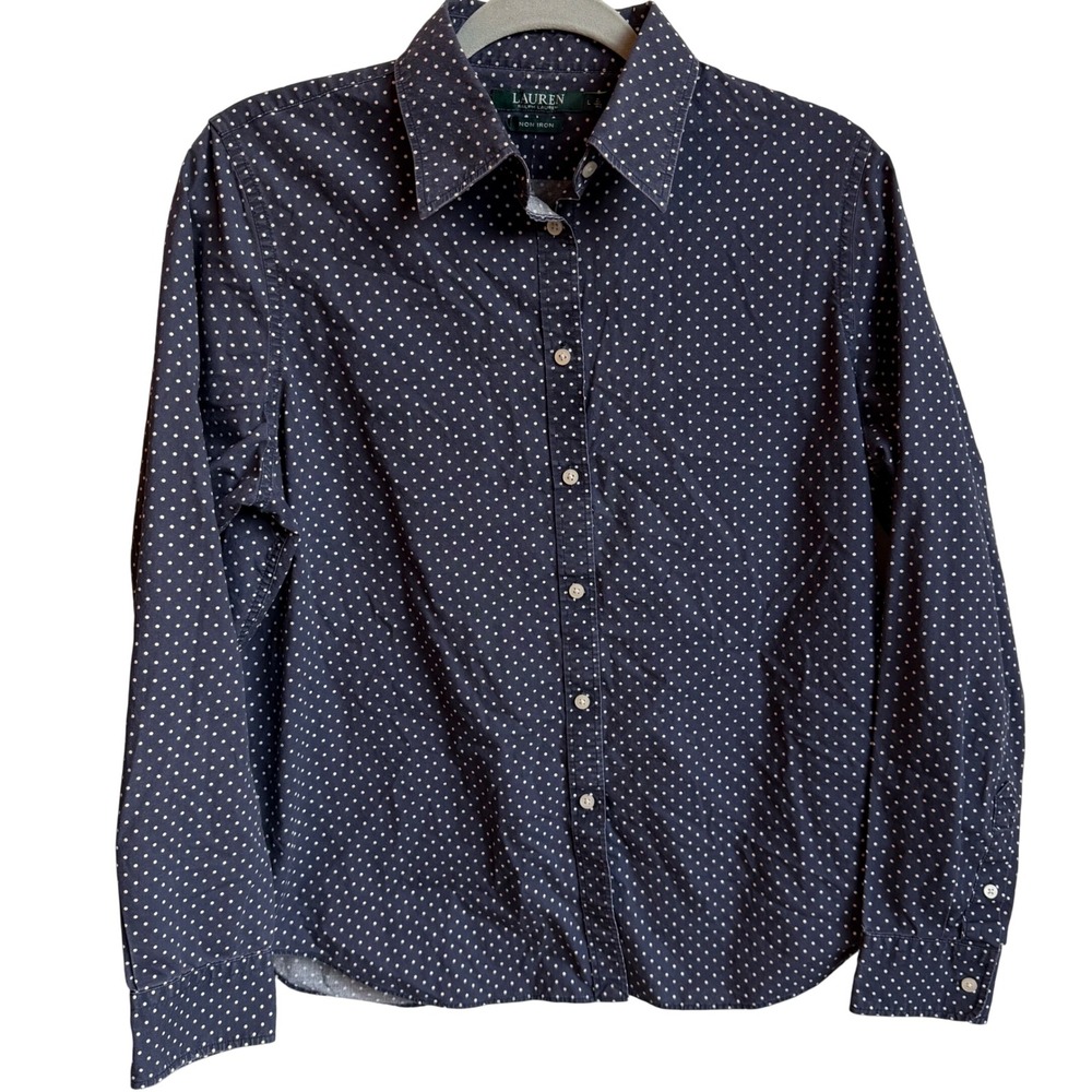 Lauren Ralph Lauren Button Down Women L Navy Polka Dot Long Sleeve Shirt Preppy
